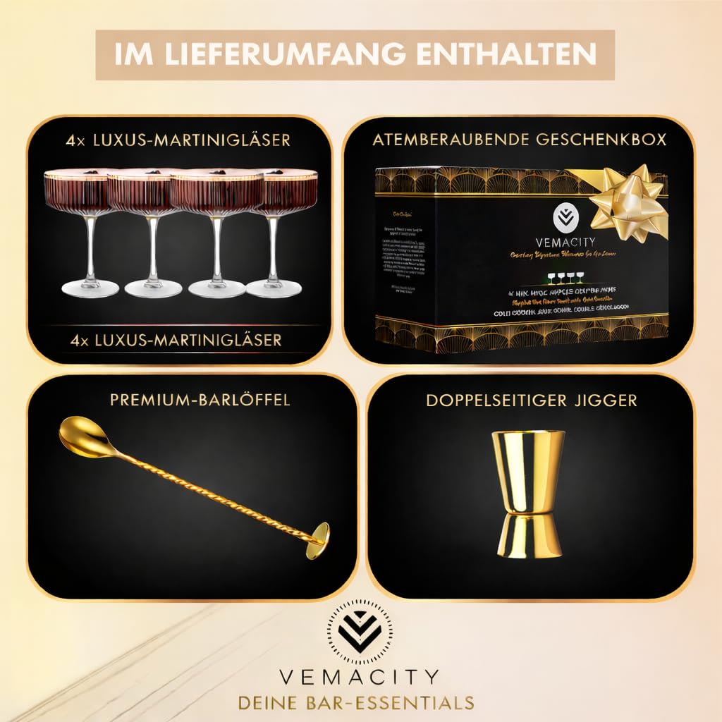 Cocktailgläser Set 4er geripptes Glas 300ml mit Goldrand &amp; Zubehör - Bild 2