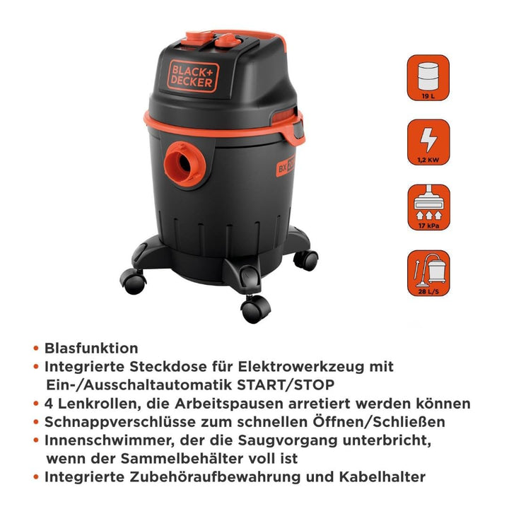Nass- und Trockensauger 20 Liter 1200 W mit Steckdose für Elektrowerkzeug - Bild 2