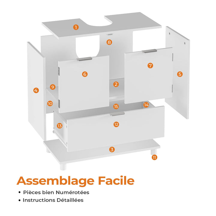 Waschbeckenunterschrank Weiss MDF 2 Tueren Schublade 60x30x60 cm - Bild 7