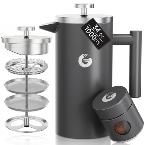 French Press 1 Liter Edelstahl doppelwandig isoliert mit Vorratsdose