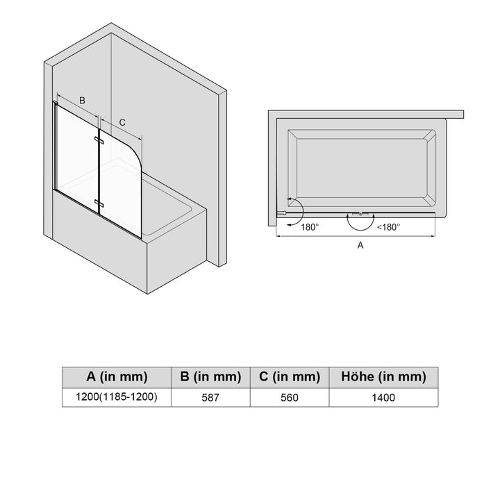 Badewannen-Duschwand 2-teilig faltbar 120x140 cm Nano-Glas 6 mm - Bild 3