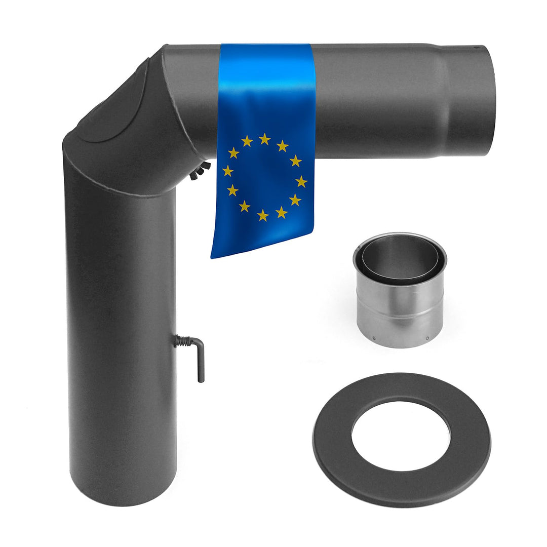 Rauchrohr-Set 150 mm Gussgrau 90° Bogen mit Zugregulierung und Reinigungsöffnung