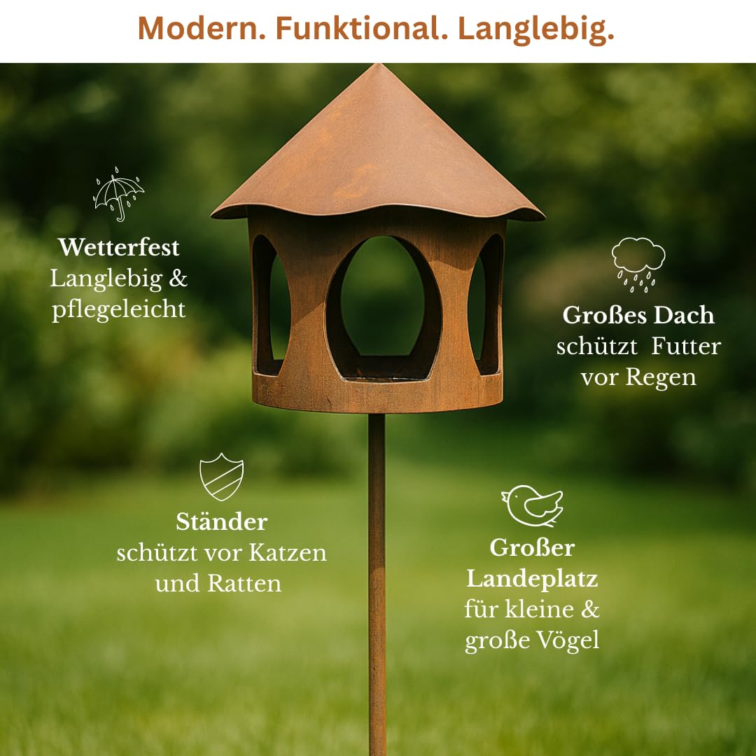 Vogelfutterhaus mit Ständer Metall Rostoptik wetterfest 154 cm - Bild 2