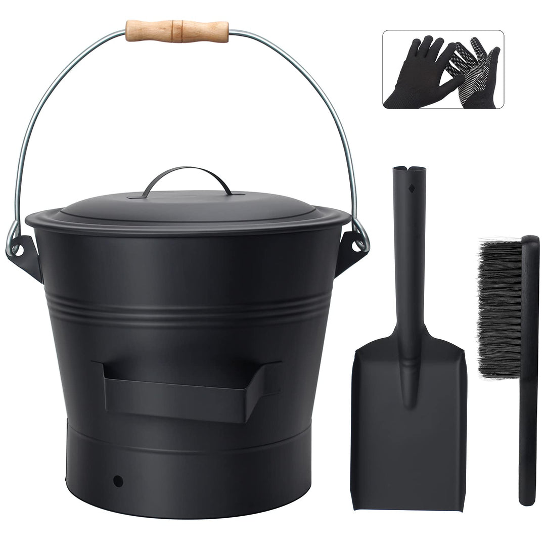 Ascheeimer mit Deckel 10L Verzinktes Eisen Set mit Schaufel und Besen