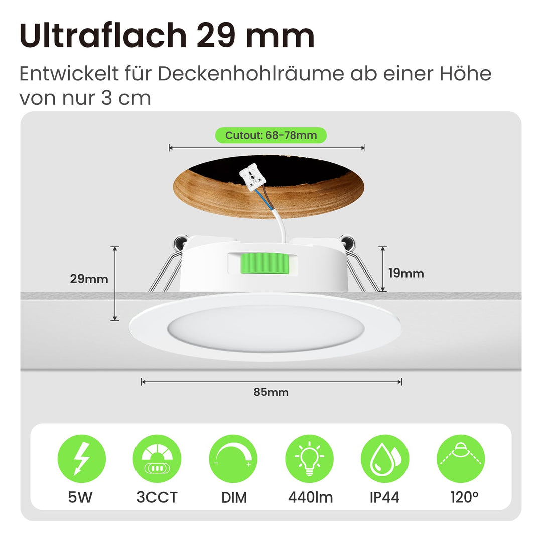 LED Einbaustrahler dimmbar 10er-Set 3CCT IP44 Ø68-78mm - Bild 2