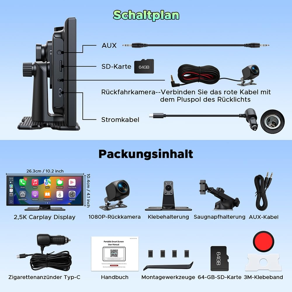 CarPlay Display 10,25 Zoll Wireless mit Dashcam 2.5K – Android Auto - Bild 9