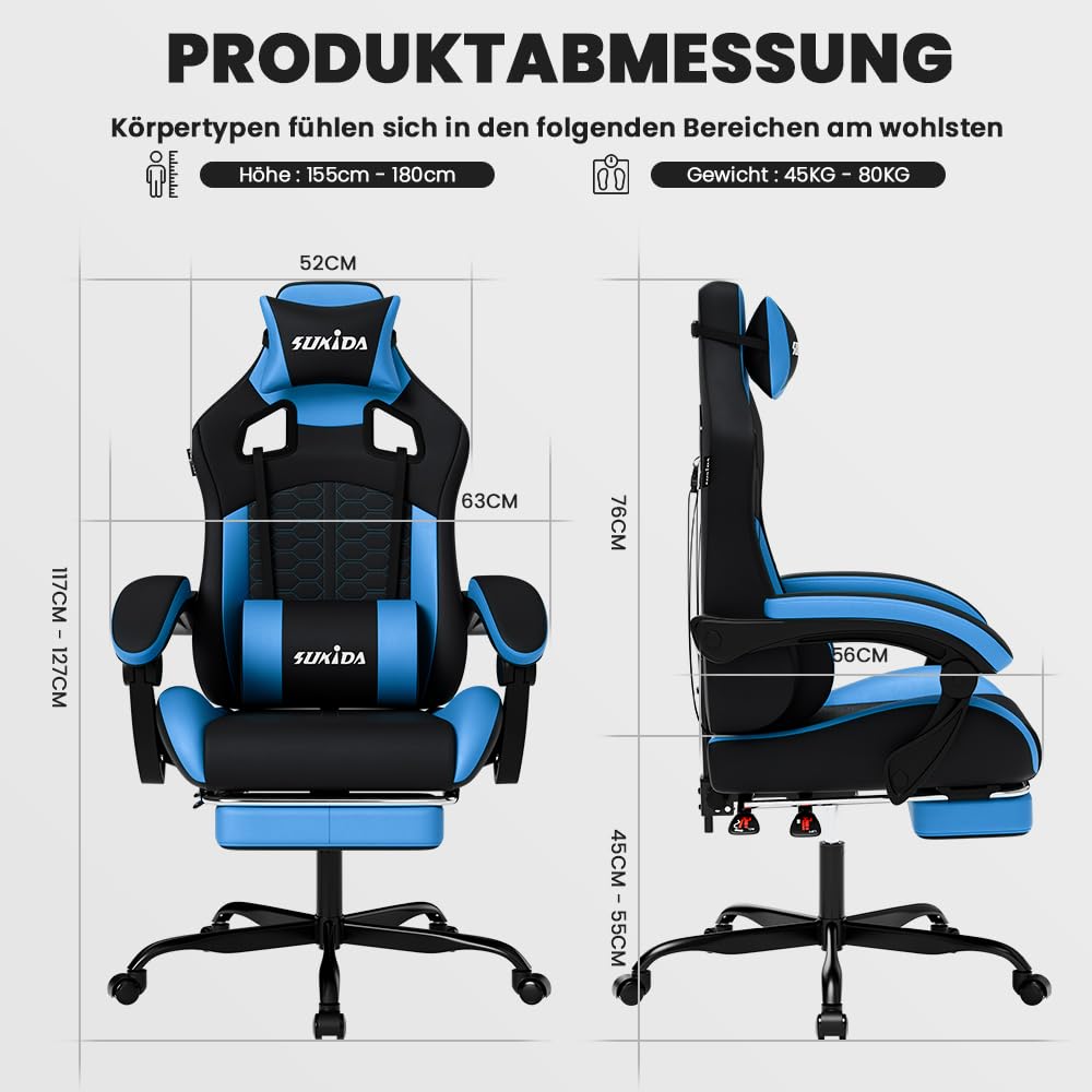 Gaming Stuhl mit Fussstütze Kunstleder Höhenverstellbar 150 kg Homeoffice - Bild 3