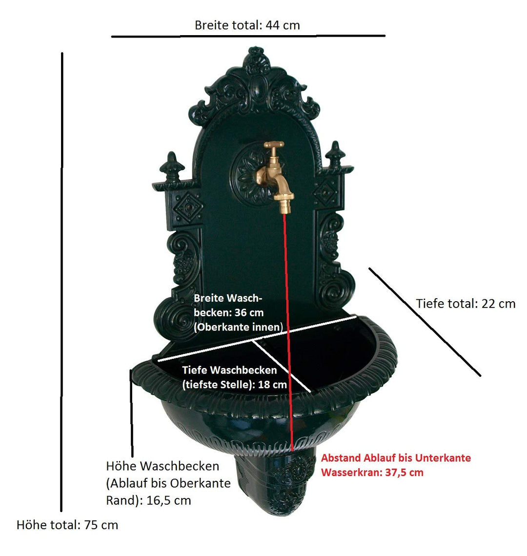 Wandbrunnen Nostalgie Aluguss dunkelgrün 75 cm mit Wasserhahn - Bild 4