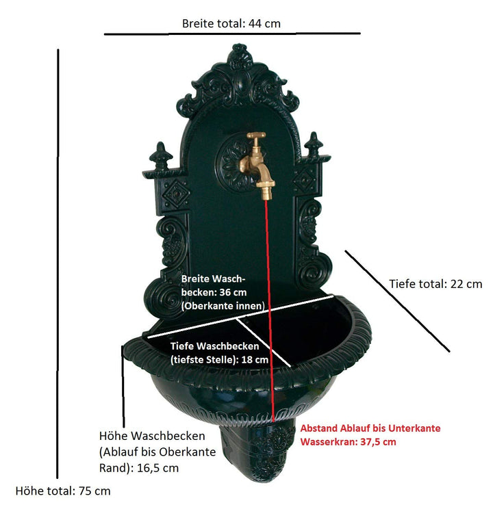 Wandbrunnen Nostalgie Aluguss dunkelgrün 75 cm mit Wasserhahn - Bild 4