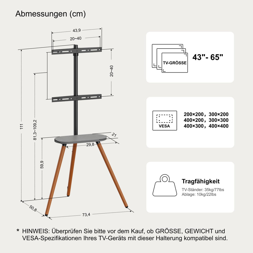 TV Staffelei Ständer Metall/Holz 43–65 Zoll schwenkbar höhenverstellbar - Bild 6