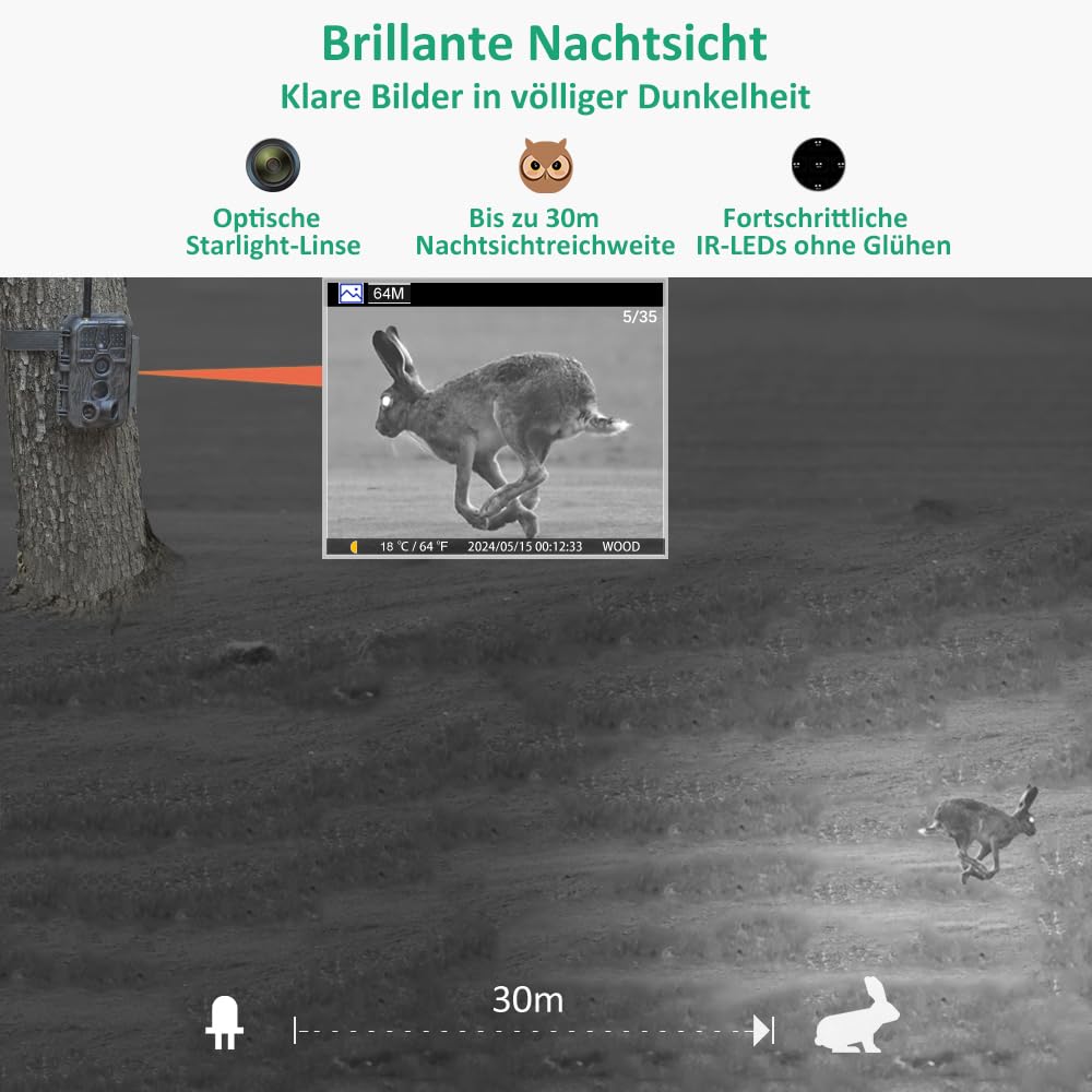 Wildkamera WLAN 64MP 1296P mit No-Glow-Nachtsicht und App-Steuerung - Bild 6