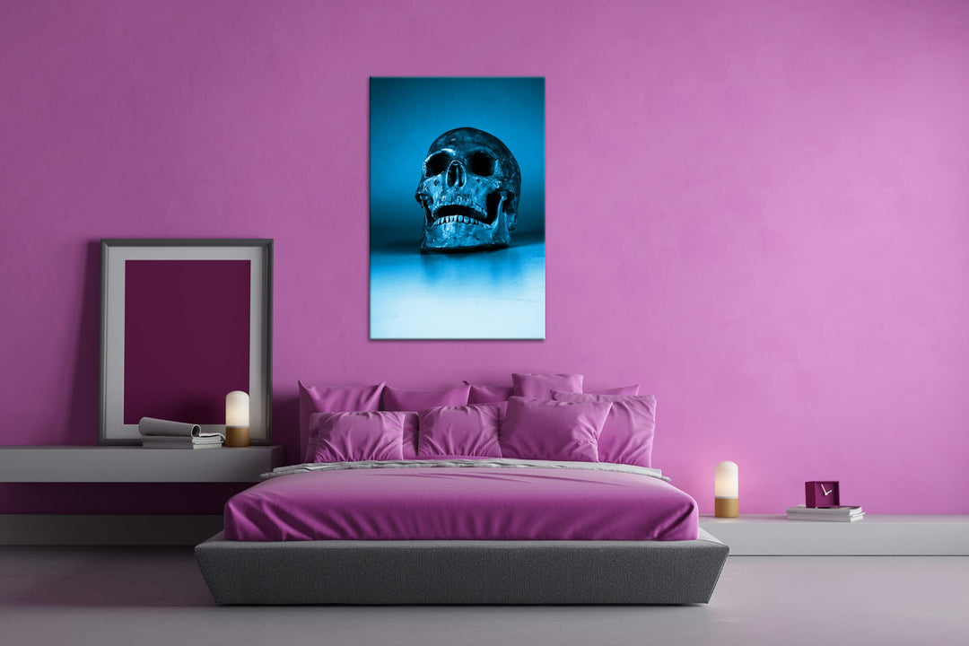 Leinwandbild Totenkopf Monochrom Blau 80x60 cm Echtholzrahmen - Bild 3