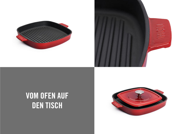 Gusseisen Grillpfanne viereckig 28x28 cm mit Rillen, Steakpresse &amp; Silikongriff - Bild 2