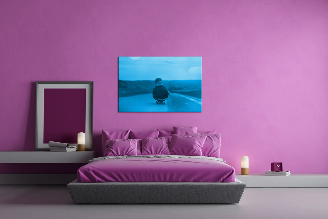 Leinwandbild Skater Sonnenuntergang Monochrom Blau 80x60 cm - Bild 3