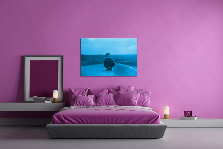 Leinwandbild Skater Sonnenuntergang Monochrom Blau 80x60 cm - Bild 3