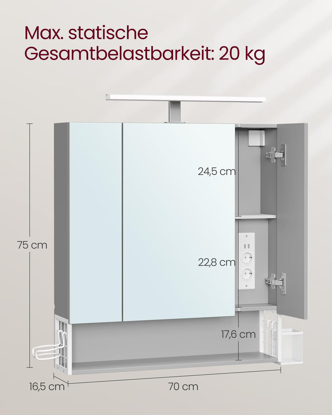 Spiegelschrank Bad mit LED-Beleuchtung 3 Türen Steckdose USB - Bild 6