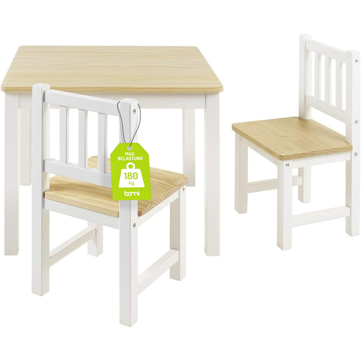 Kindersitzgruppe Holz mit Tisch und 2 Stühlen Weiss Natur ab 1 Jahr