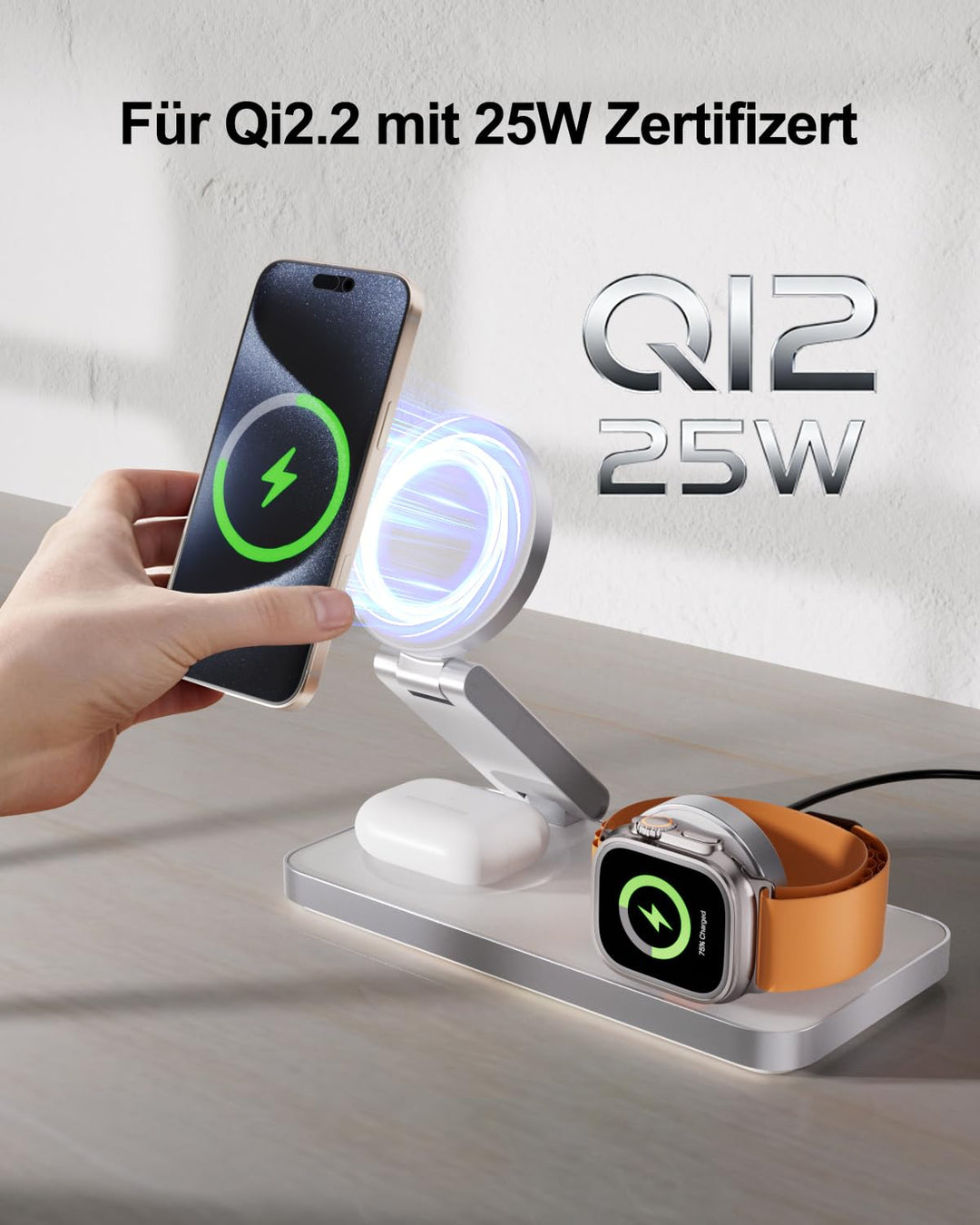3-in-1 Ladestation Qi2.2 25W fuer iPhone, Apple Watch und AirPods - Bild 2