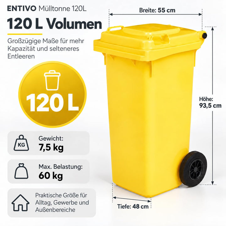 Mülltonne 120 Liter Gelb HDPE mit Deckel &amp; Rädern EN 840 - Bild 2