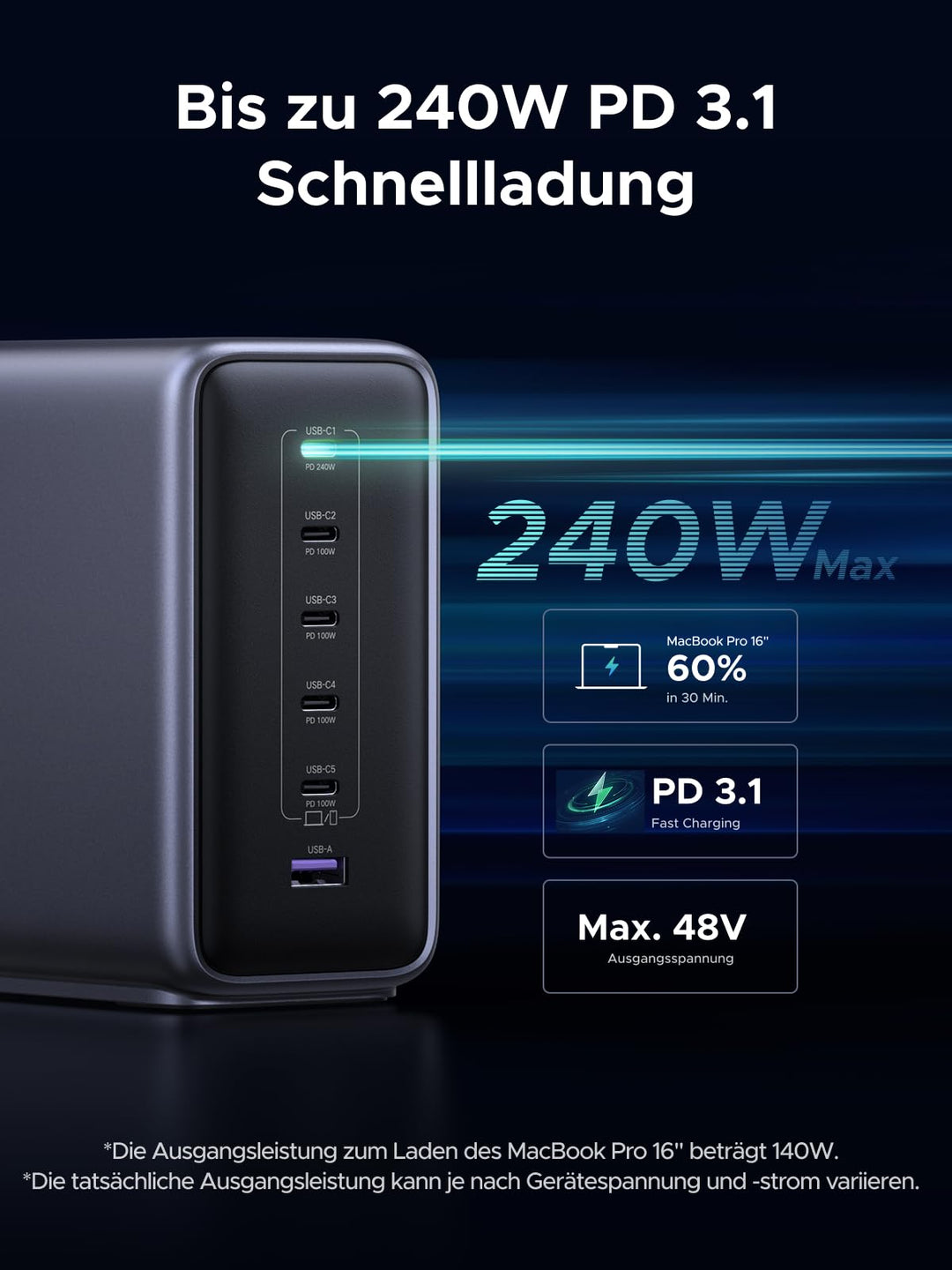 USB-C Ladegerät 6-Port 500W GaN PD 3.1 240W Einzelport - Bild 5