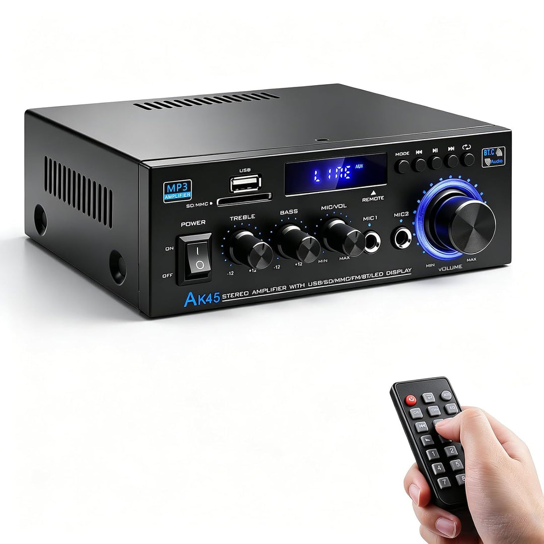 Stereo-Verstärker Bluetooth 5.0 HiFi 40W+40W mit FM-Radio Karaoke