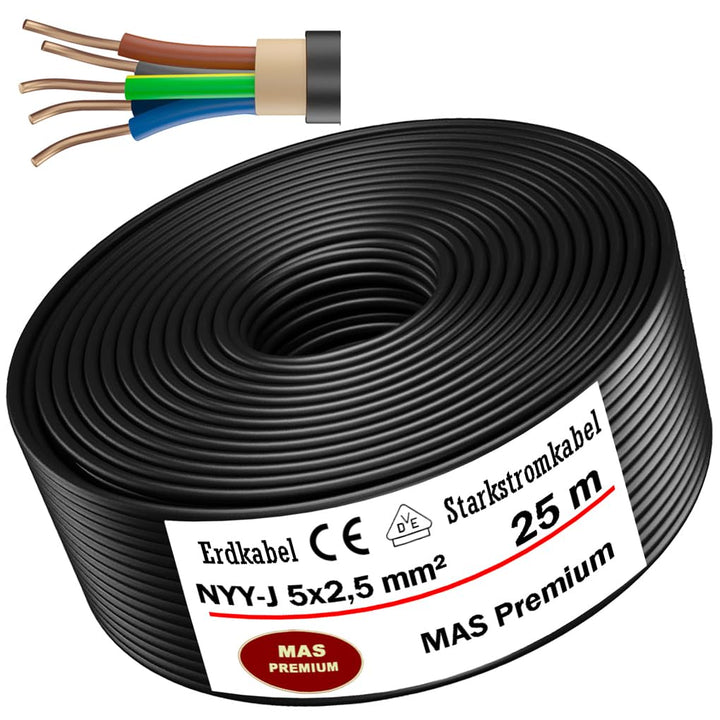 Erdkabel NYY-J 5x2,5 mm² 25m Ring schwarz 600/1000V