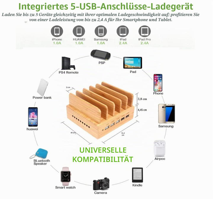 Ladestation 5-fach USB mit Bambus-Organizer und 5 Kabel - Bild 2