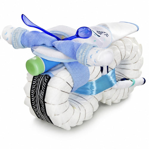 Windeltorte Motorrad Junge 45-teilig blau Geburt Baby Shower
