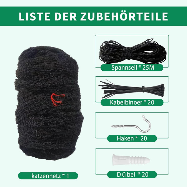 Katzennetz Balkon drahtverstärkt HDPE+Edelstahl 10x2m Schwarz - Bild 3