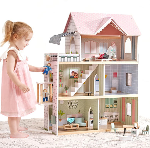 Puppenhaus Holz 3-stöckig 80 cm mit Aufzug, Licht & 22 Teilen
