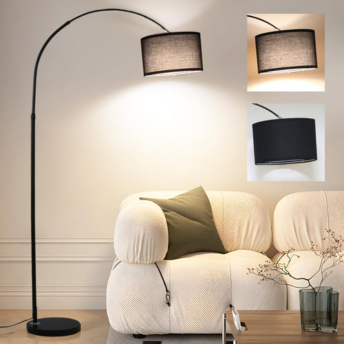 Bogenlampe Vintage Stehlampe schwarz mit Leinenschirm E27 360°