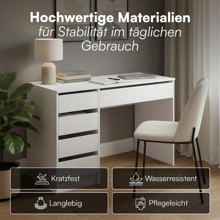 Schreibtisch Weiss 5 Schubladen 110x53 cm Schminktisch Kombi - Bild 3