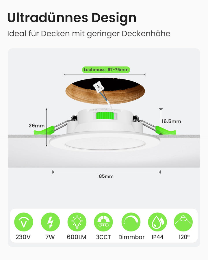 LED Einbaustrahler 7W IP44 dimmbar 3 Farbtemperaturen 12er Set - Bild 2