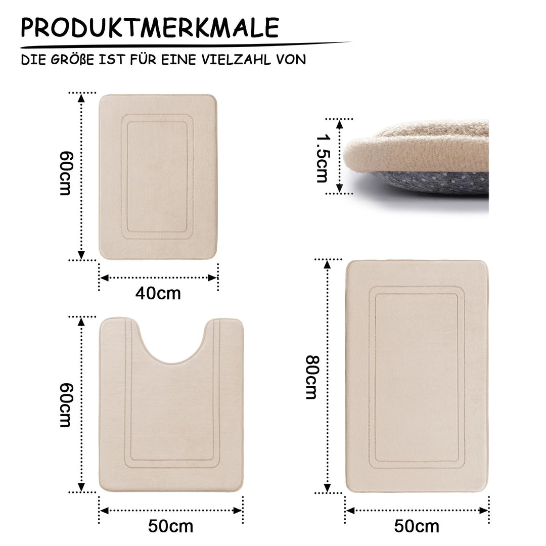 Badezimmerteppich Set 3-teilig Beige Plüsch rutschfest Memory-Schaum - Bild 2