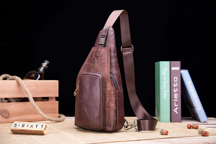 Leder Sling Bag Herren Rindleder Umhängetasche Retro Braun - Bild 8