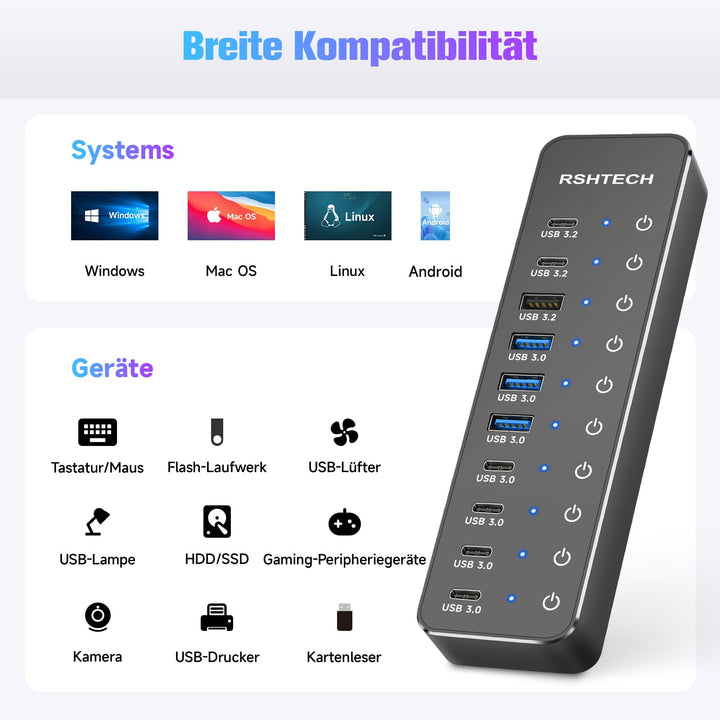USB-Hub 10-Port USB 3.2/3.0 mit 60W Netzteil für Laptop &amp; Desktop - Bild 6