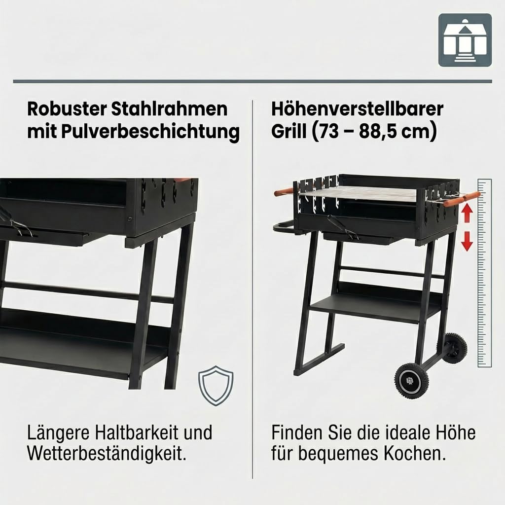 Holzkohlegrill Stahl mit 2 höhenverstellbaren Rosten und Rollen - Bild 3