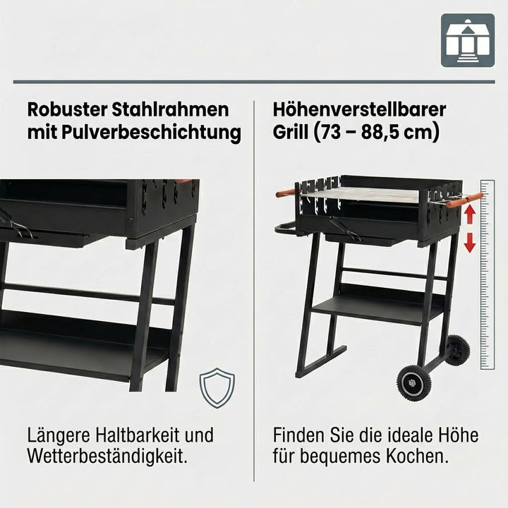 Holzkohlegrill Stahl mit 2 höhenverstellbaren Rosten und Rollen - Bild 3