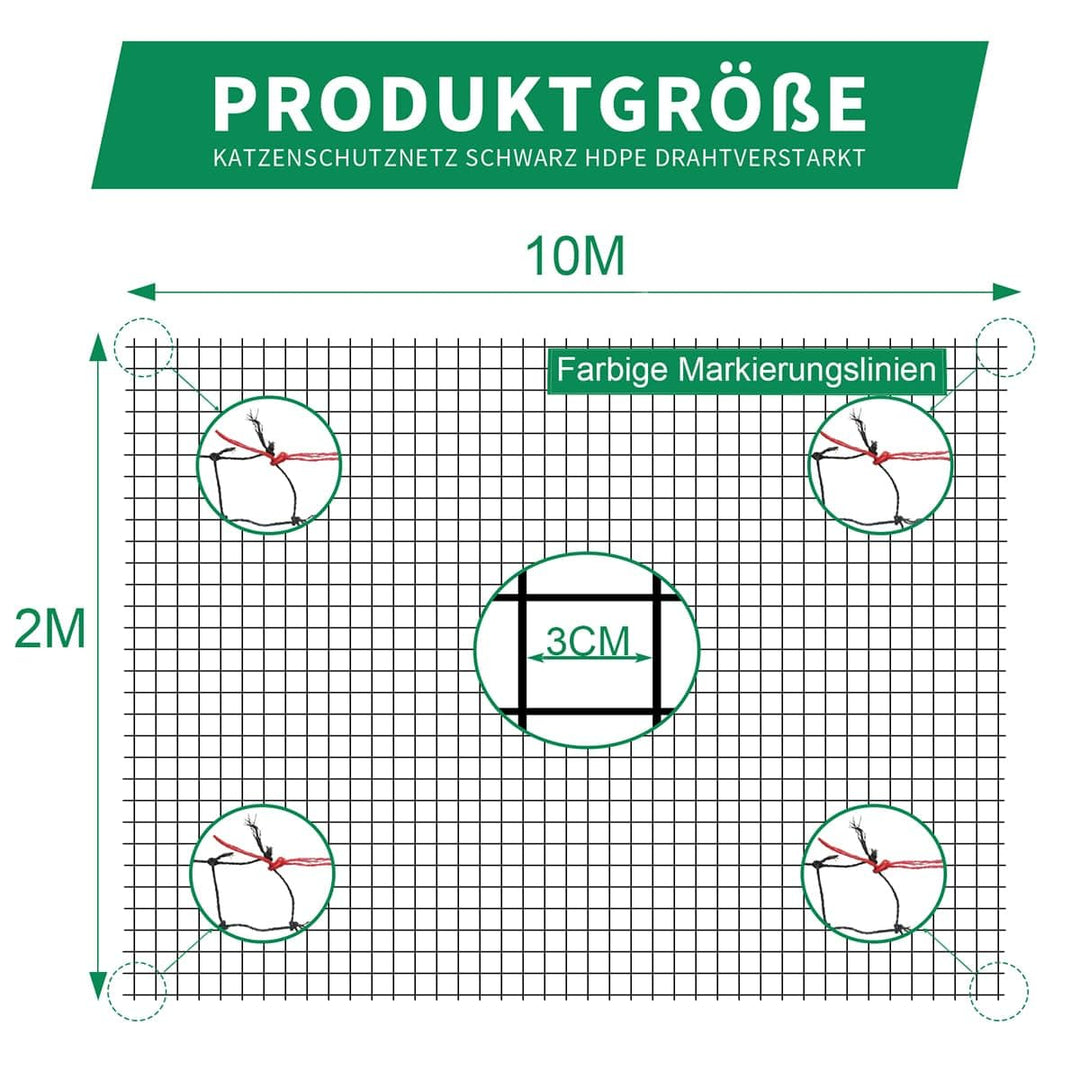 Katzennetz Balkon drahtverstärkt HDPE+Edelstahl 10x2m Schwarz - Bild 2