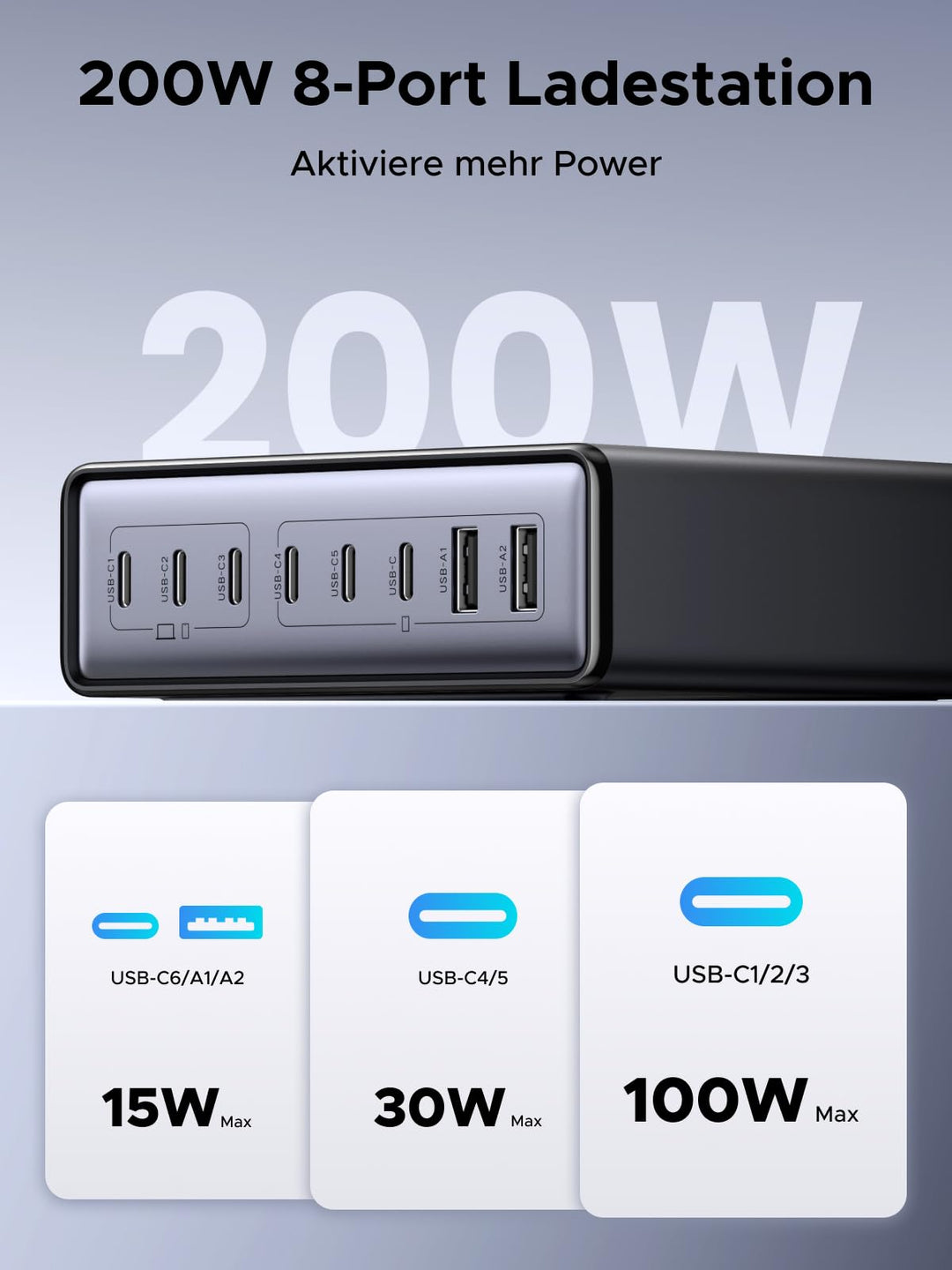 USB-C Ladestation 200W 8-Port für Laptop Tablet Smartphone - Bild 2
