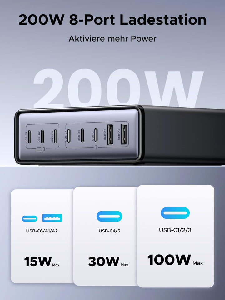 USB-C Ladestation 200W 8-Port für Laptop Tablet Smartphone - Bild 2