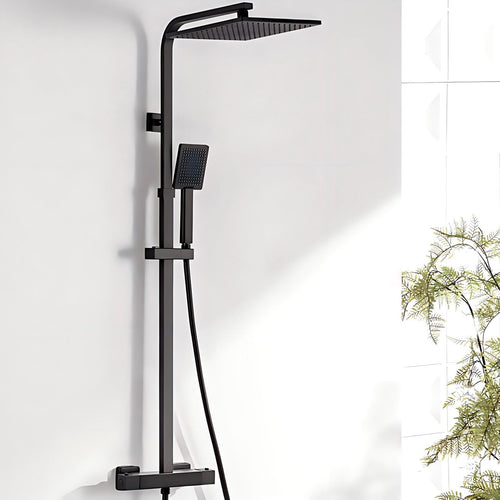 Regendusche Komplettset Schwarz Thermostat Messing 25x25cm höhenverstellbar