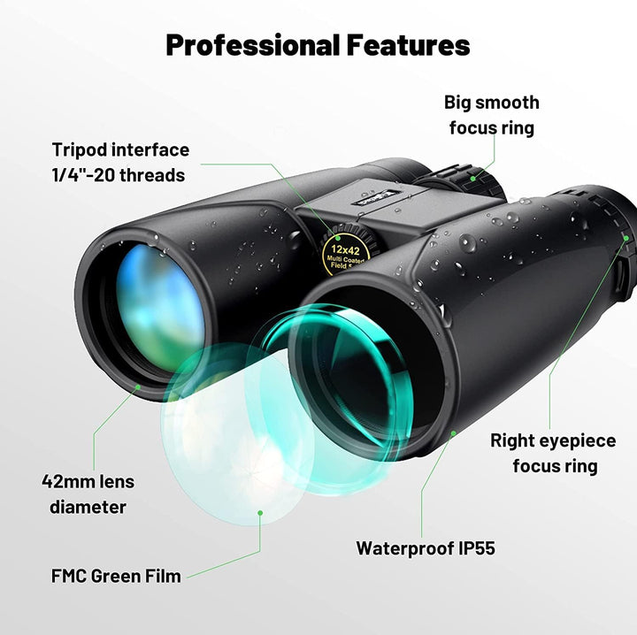 Fernglas 12x42 HD wasserdicht mit Smartphone-Adapter fuer Outdoor