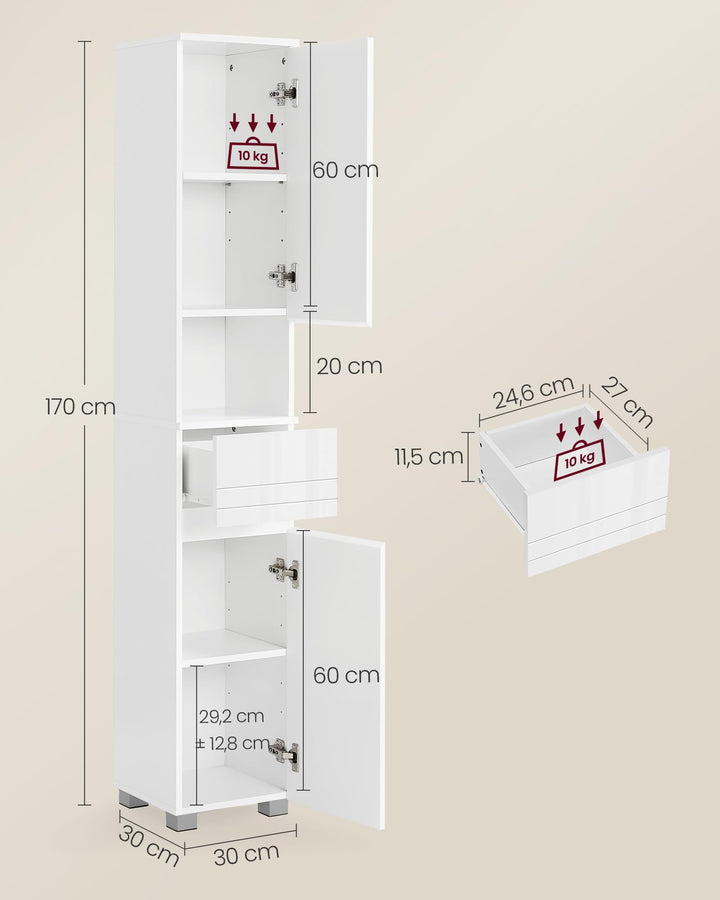 Badezimmerschrank MDF 30x30x170 cm mit Schublade, weiss