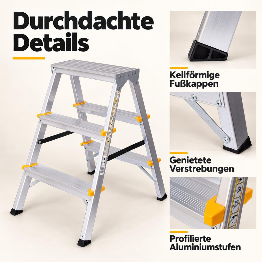 Trittleiter 3 Stufen beidseitig klappbar Aluminium 150 kg TÜV - Bild 3