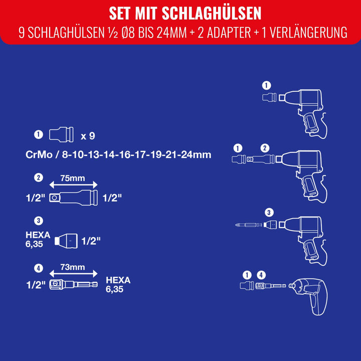 Stecknuss-Set 1/2" CrMo-Stahl 8-24 mm mit Adapter und Verlängerung - Bild 3