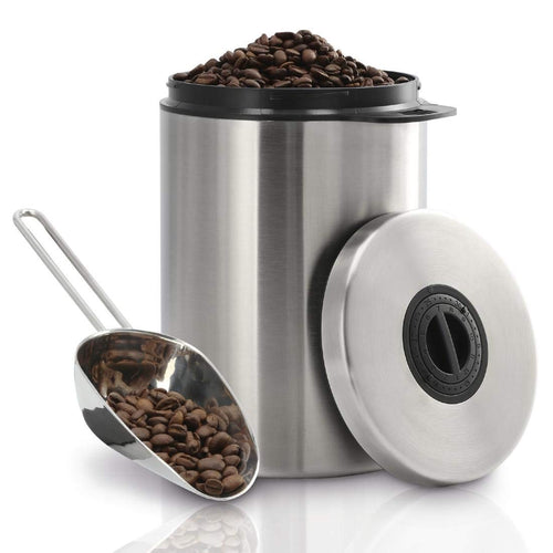 Kaffeedose Edelstahl 1 kg luftdicht mit Schaufel und Datumsanzeige