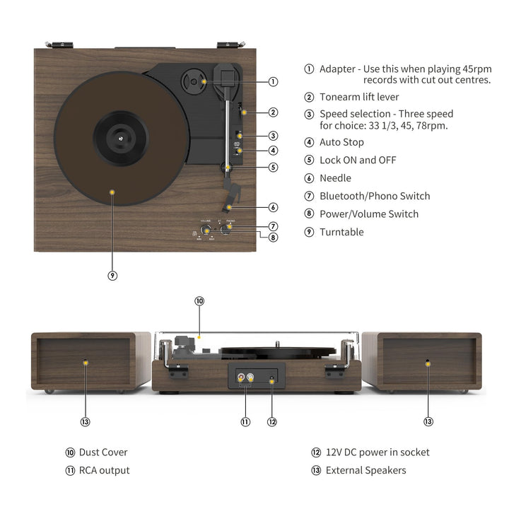 Plattenspieler Holz mit Stereo-Lautsprechern, Bluetooth &amp; Riemenantrieb