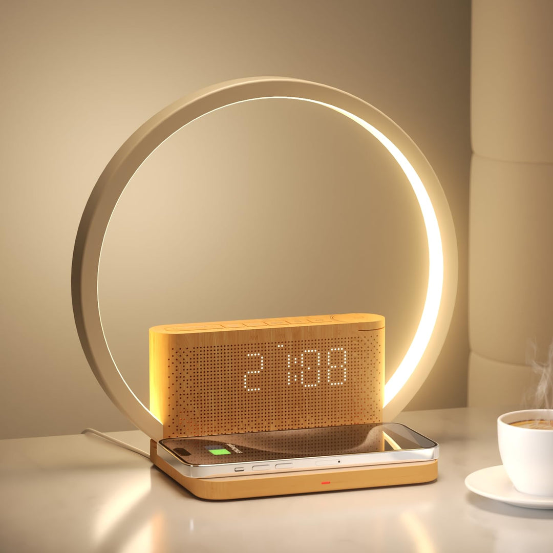 Lichtwecker Nachttischlampe 4-in-1 mit Wireless Charging und Naturklängen