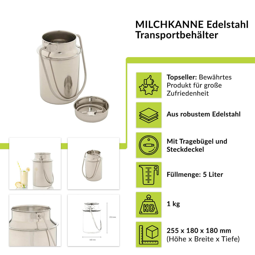 Milchkanne Edelstahl 5 Liter mit Deckel und Tragebügel - Bild 9